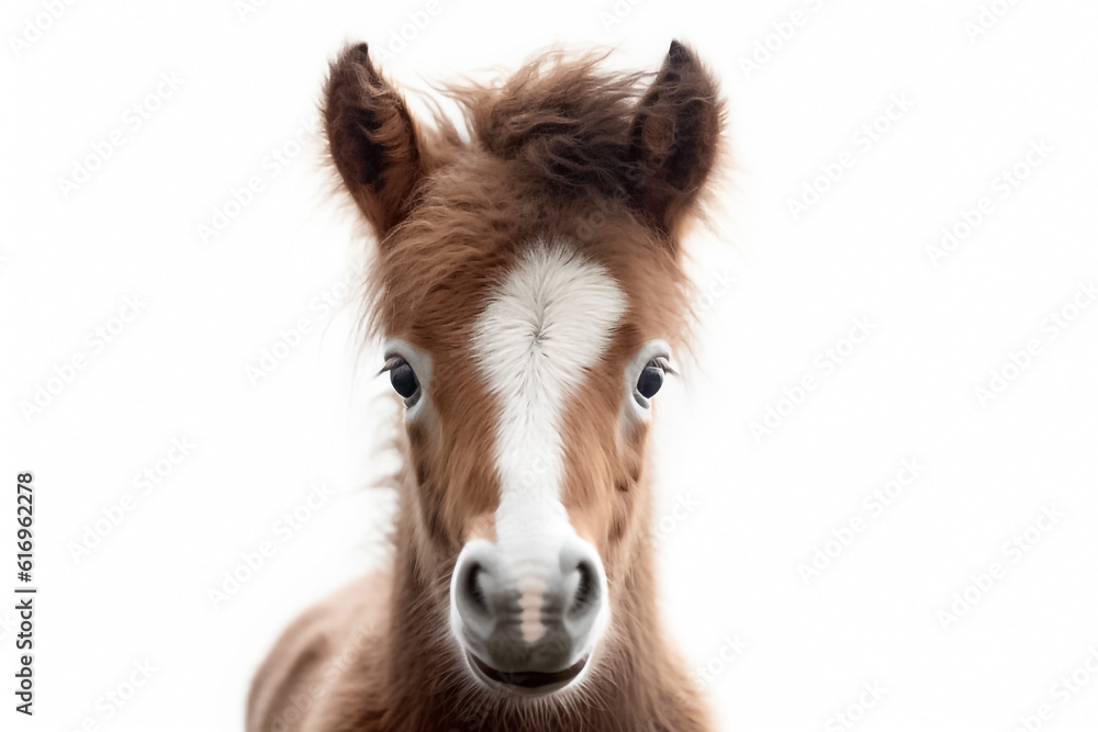 In the realm of innocence and wonder, a baby horse captivates on a white background, illuminated by the magic of studio lighting. Generative AI. In the realm of innocence and wonder, a baby horse captivates on a white background, illuminated by the magic of studio lighting. Generative AI.