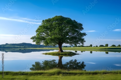 湖に佇む１本の大きな木　with generative ai © CrioStudio