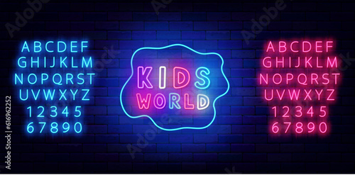 Kids world neon badge. Play zone. Handwritten colorful inscription. Glowing advertising. Vector stock illustration