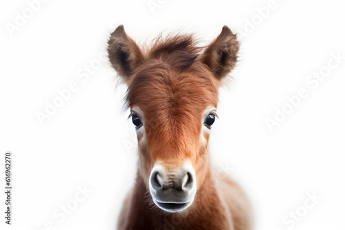 In the realm of innocence and wonder, a baby horse captivates on a white background, illuminated by the magic of studio lighting. Generative AI.