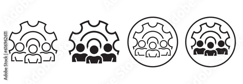Management and teamwork icon set. Gear with team of people work in corporate as a employee in crm. Black and white engineer, worker web icon collection