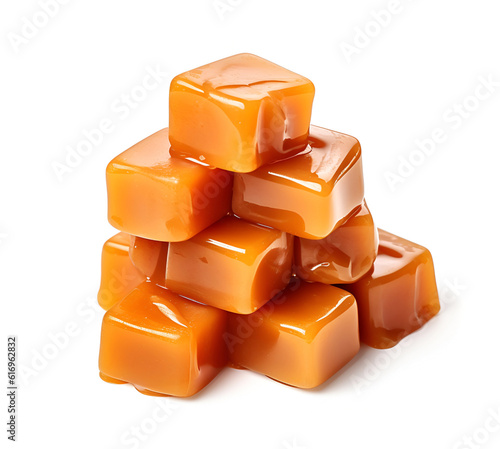 Caramel candy with caramel topping on white backgrounds. Healthy food ingredient.