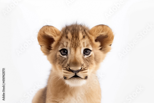 In the realm of tranquility, a baby lion captivates on a white background, embraced by the soft radiance of studio lighting. Generative AI. © Surachetsh