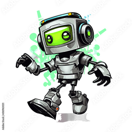 Dancing Robot with a Vinyl - Silver and black, neon green, neon blue, dancing robot, vinyl, technology, futuristic, toy, 3D, metallic