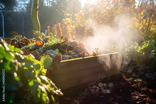 A compost heap steaming in the morning light in a permaculture garden  symbolizing organic waste recycling and soil fertility.
