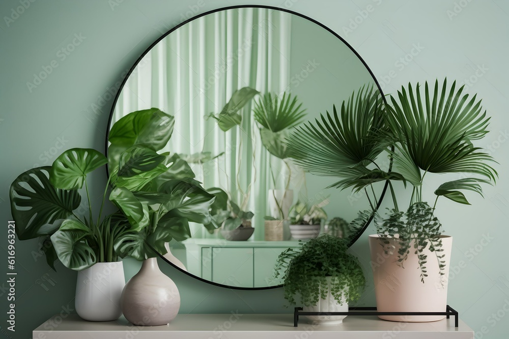 Green modern interior of living room, a round mirror with plants in vases Green modern interior of living room, a round mirror with plants in vases