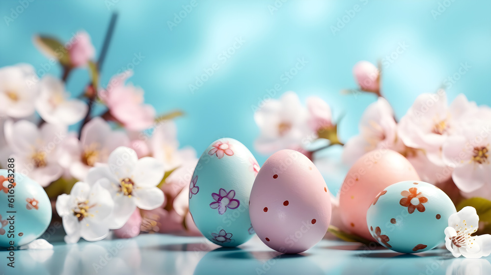 easter eggs and flowers on light blue background created with Generative AI