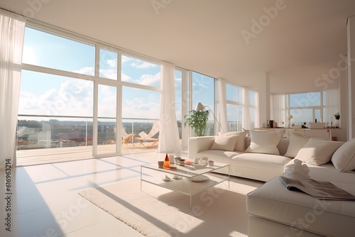 Beautiful and large living room interior with hardwood floors, fluffy rug and designer furniture,Generative AI © Azar