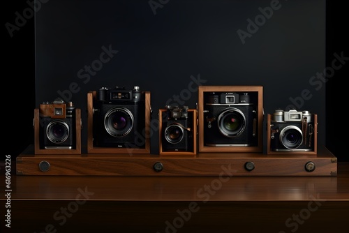 Vintage professional cameras in wooden frames