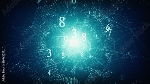 Numerology, interaction of energies (secret knowledge about the numbers). Esoteric background with numbers. 3D animation. Intro template for captions, title or text. Quick Time, h264, 16-bit color.