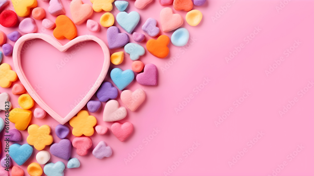 pink heart shaped candy on pink background created with Generative AI