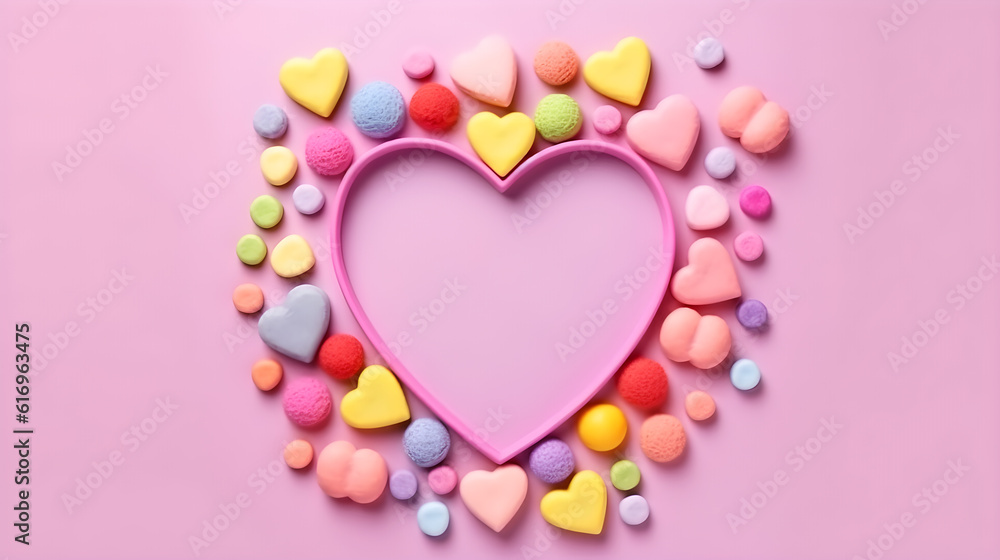 pink heart shaped candy on pink background created with Generative AI