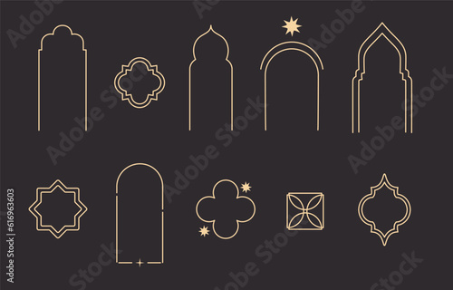 Islamic window, line arc frame decoration elements on black background. Different vector shapes and silhouettes of traditional portals