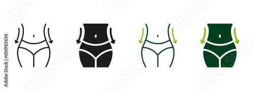 Waistline Shape Control. Female Body Slimming Symbol Collection. Woman Loss Weight Black and Color Pictogram. Slimming Waist Line and Silhouette Icon Set. Isolated Vector Illustration