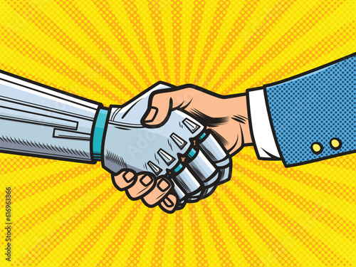 Android and human handshake. Artificial intelligence and human cooperation. Pop art vintage vector illustration