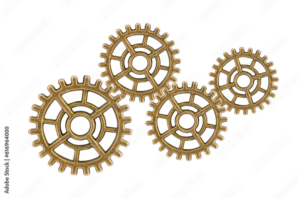 Gear and cogs wheels isolated on a white background, clock mechanism, brass metal engine industrial. Gear and cogs wheels isolated on a white background, clock mechanism, brass metal engine industrial.