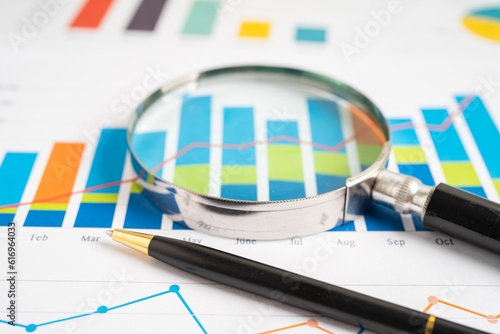 Magnifying glass on graph paper. Financial development, Banking Account, Statistics, Investment Analytic research data economy, Business concept.