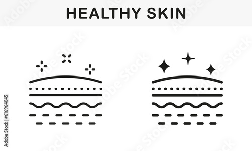 Healthy and Clean Face Skin Line and Silhouette Black Icon Set. Beauty Fresh Human Skin Pictogram. Facial Skincare, Hygiene Symbol Collection. Isolated Vector Illustration