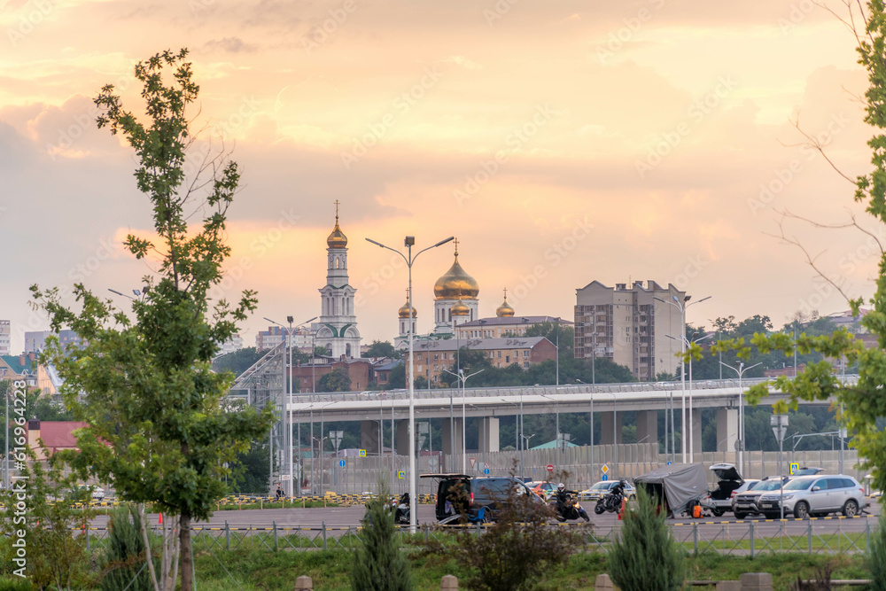 The panorama of Rostov-on-Don (Rostov-na-Donu), the city in southern Russia on the border with Ukraine. Cathedral of the Nativity of the Theotokos is seen in the background.