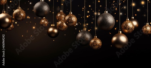 Christmas celebration decoration holiday banner template greeting card - Group of hanging gold black baubles ornaments and bokeh lights, black background (Generative Ai)