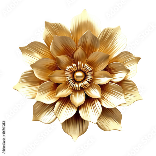Golden metallic 3d flower isolated on white. Single luxury gold floral element. Generative AI.