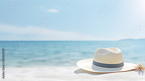 Travel summer hat on the beautiful beach created with Generative AI