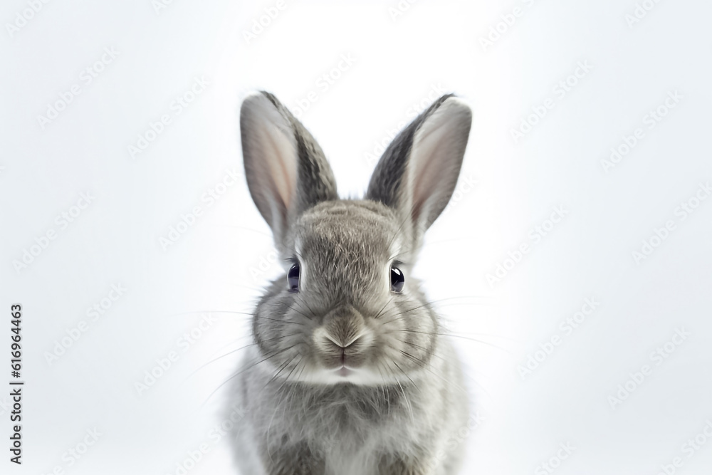 In the realm of serenity and wonder, a baby rabbit captivates on a white background, emanating pure joy under the gentle studio light. Generative AI.