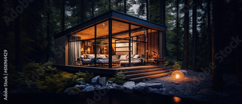 Modern cabin house in deep forest  Modern luxury villa exterior in minimal style for luxury glamping with luxury villa exterior in minimal style  Generative AI