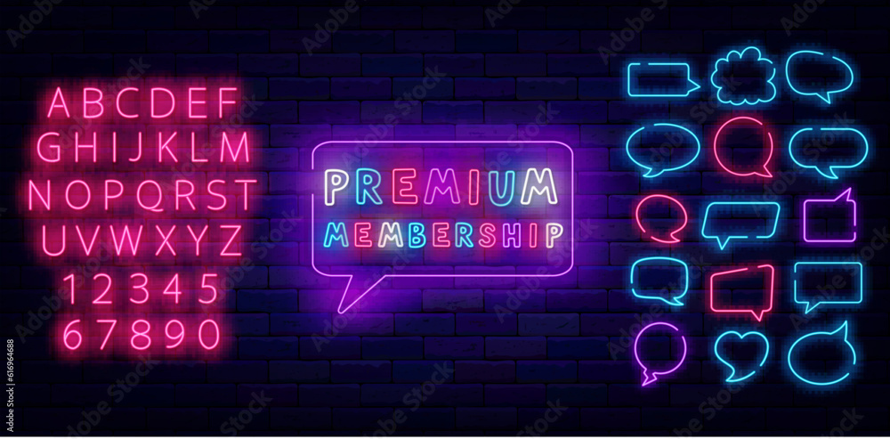 Premium membership neon label. Private access. Speech bubble frames set. Shiny phrase. Vector stock illustration Premium membership neon label. Private access. Speech bubble frames set. Shiny phrase. Vector stock illustration