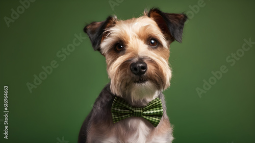 portrait of a yorkshire terrier dog wearing bow tie on green background created with Generative AI