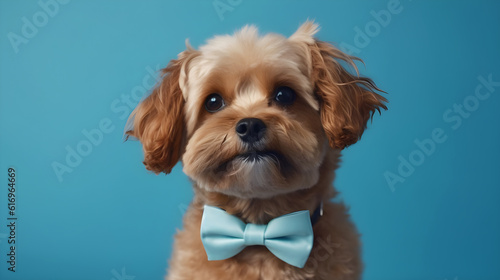 portrait of a puppy wearing bow tie on blue background created with Generative AI