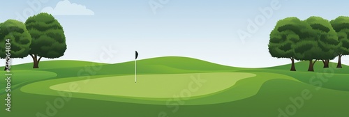 Countryside golf course with flags, greens and sand bunker. generative ai