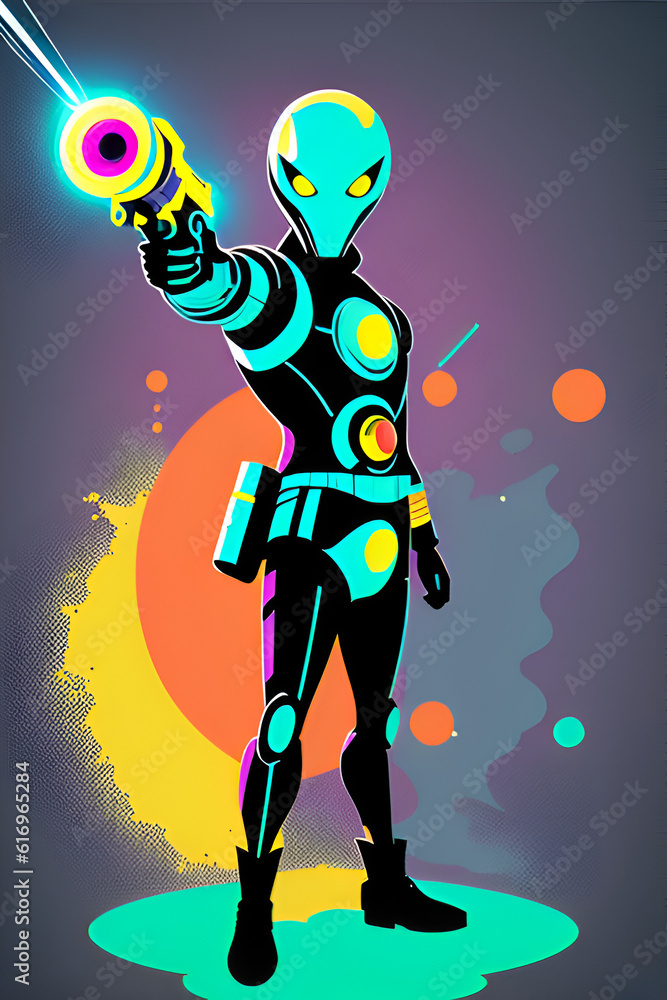 Fototapeta premium Alien pointing a gun isolated on splash background. Generative AI
