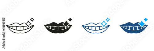 Shiny Human Smile. Healthy Teeth, Sparkle Mouth Silhouette and Line Icon Set. Dental Treatment, Dentistry Black and Color Symbol Collection. Beauty Lips and White Teeth. Isolated Vector Illustration