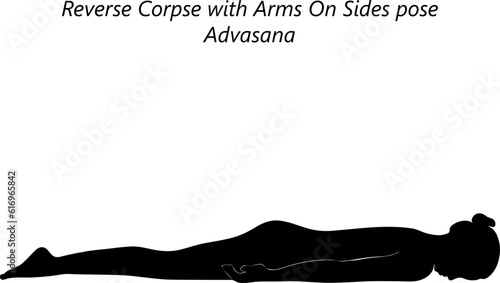 Black silhouette of young woman practicing yoga, doing Reverse Corpse with Arms On Sides pose. Advasana. Prone and Neutral. Beginner. Isolated vector illustration.