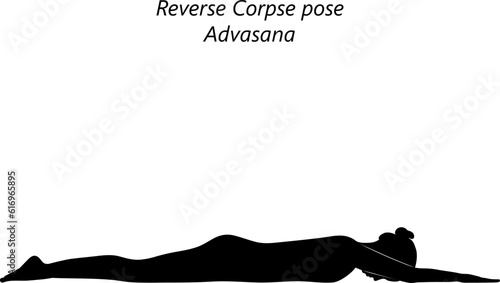Flat black silhouette of young woman practicing yoga, doing Reverse Corpse pose. Advasana. Prone and Neutral. Beginner. Isolated vector illustration.