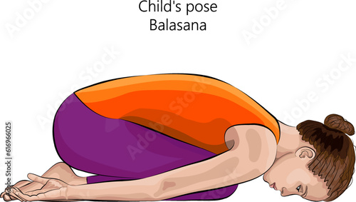 Young woman practicing yoga exercise, doing Child pose. Balasana. Prone and Forward Bend. Beginner. Isolated vector illustration.