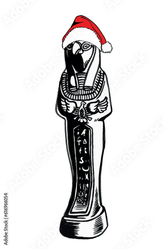 Graphical God Ptah in red Santa Claus hat isolated on white, an Egyptian creator god,vector Christmas illustration