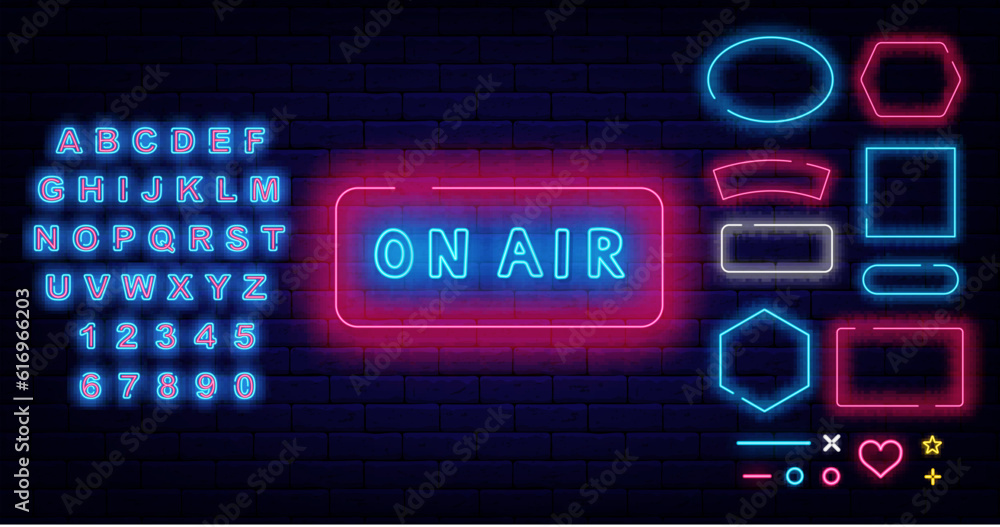 On air neon label. Shiny blue alphabet. Geometric frames set. Record studio emblem. Vector stock illustration On air neon label. Shiny blue alphabet. Geometric frames set. Record studio emblem. Vector stock illustration