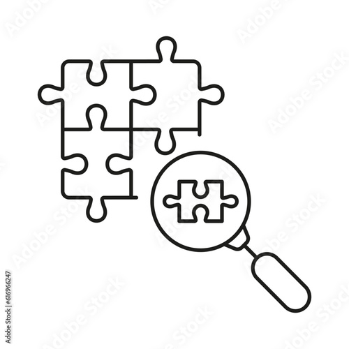 Magnifying Glass and Jigsaw Pieces Outline Sign. Problem Solving Linear Pictogram. Magnifier with Puzzle Parts Line Icon. Teamwork Connection. Editable Stroke. Isolated Vector Illustration