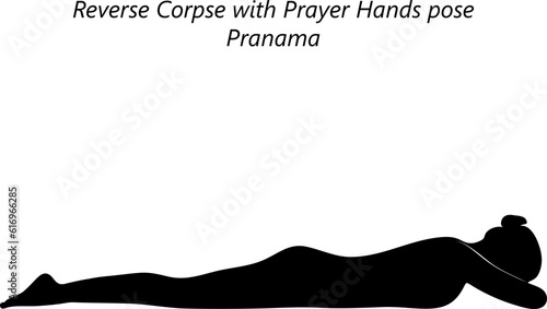 Black silhouette of young woman practicing yoga, doing Reverse Corpse with Prayer Hands pose. Pranama. Prone and Neutral. Beginner. Isolated vector illustration.