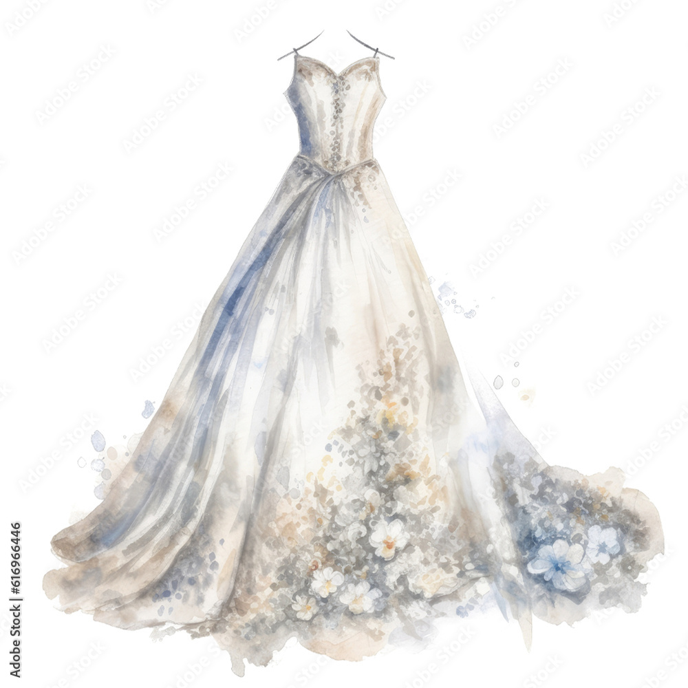 Watercolor illustration of bride's wedding dress