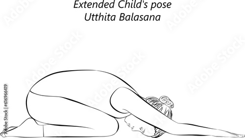 Sketch of young woman practicing yoga, doing Extended Child pose. Utthita Balasana. Prone and Forward Bend. Beginner. Isolated vector illustration.