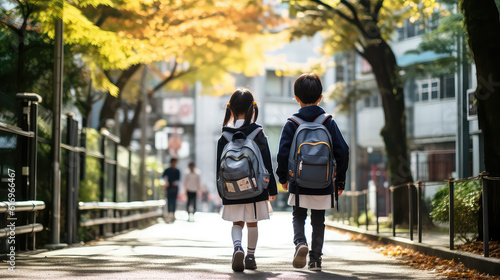 Asian school children wearing school bags going back to school