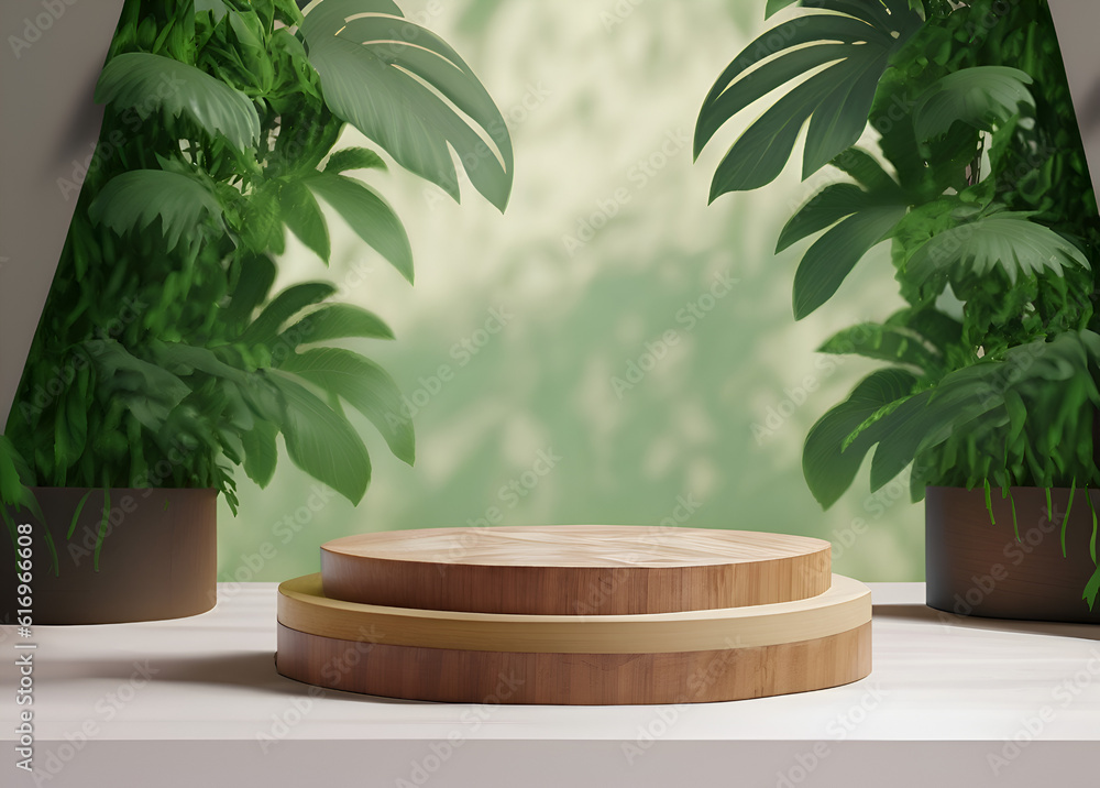 Wooden product display podium for cosmetic product with green nature garden background, 3d rendering, Ai Generative Wooden product display podium for cosmetic product with green nature garden background, 3d rendering, Ai Generative