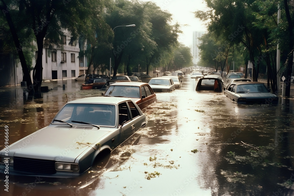 A striking image of deserted cars stranded in a flooded urban road, emphasizing the sudden and disruptive nature of floods.