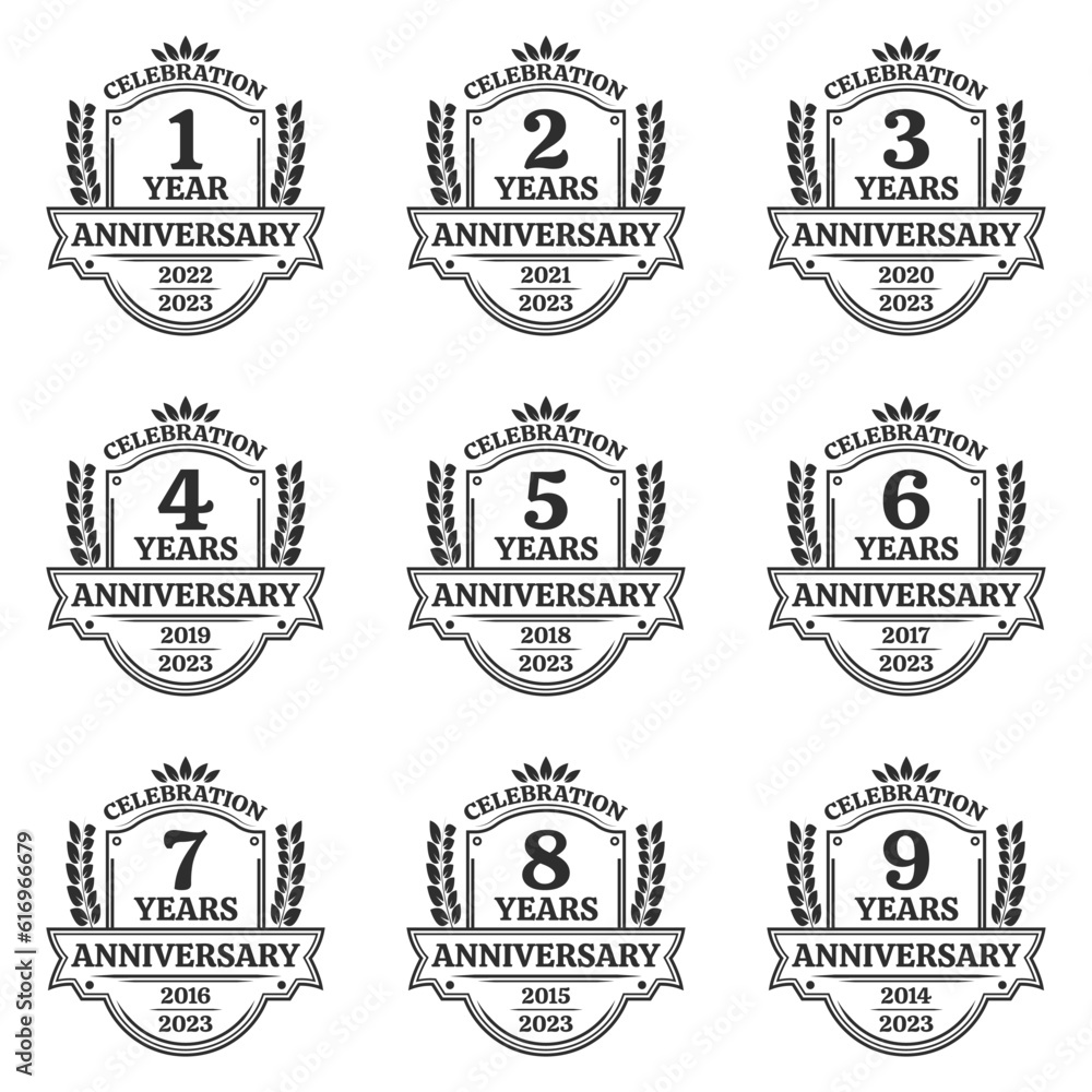 1, 2, 3, 4, 5, 6, 7, 8, 9 years anniversary icon or logo. Vintage birthday banner design with laurel wreath. Jubilee celebration badge or label collection. Vector illustration.