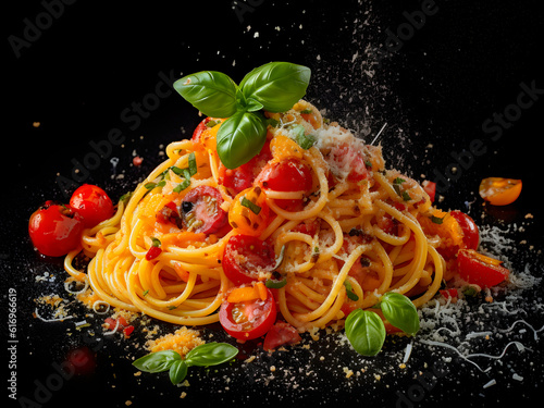 Italian culinary tradition  Spaghetti with Tomato Sauce showcases the timeless charm of Italian food. Savory tomato sauce generously coats perfectly cooked pasta.   Generative AI