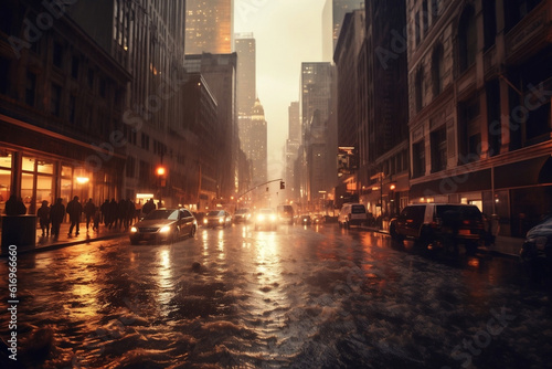 An intense picture of rain pouring heavily onto a city street, resulting in floodwaters starting to accumulate, emphasizing the onset of an urban flood.