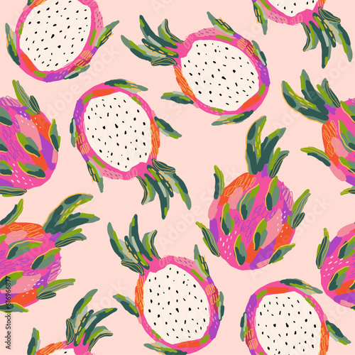 Hand drawn summer fruit in modern artist painting style. Vector illustration. Seamless pattern with dragon fruit
